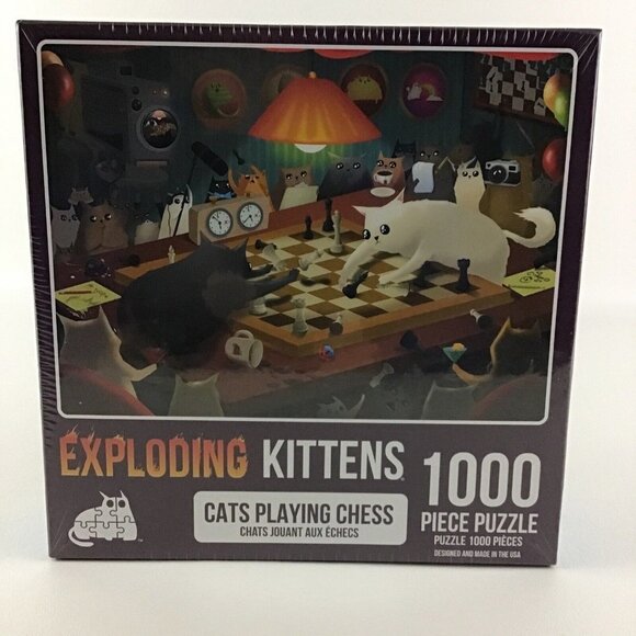Exploding Kittens Jigsaw Puzzle 1000 Piece Cats Playing Chess Blueboard SEALED